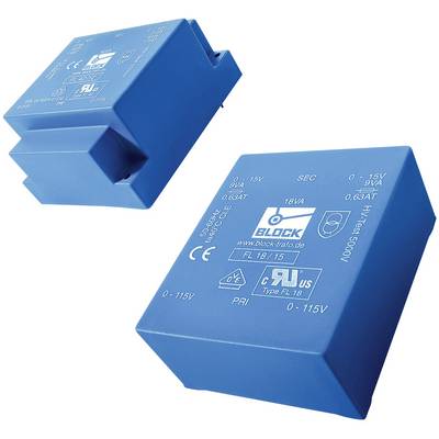 Dva plava transformatora s natpisom: 'BLOCK', naponski ulaz: 0-115V, naponski izlaz: 15V, 18VA snage, ispitni napon 5000V.