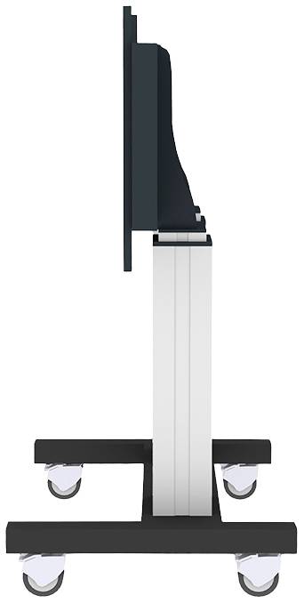 Pogled sa strane na klizni stalak za monitor s vertikalnim nosačem i četiri kotača na bazi.