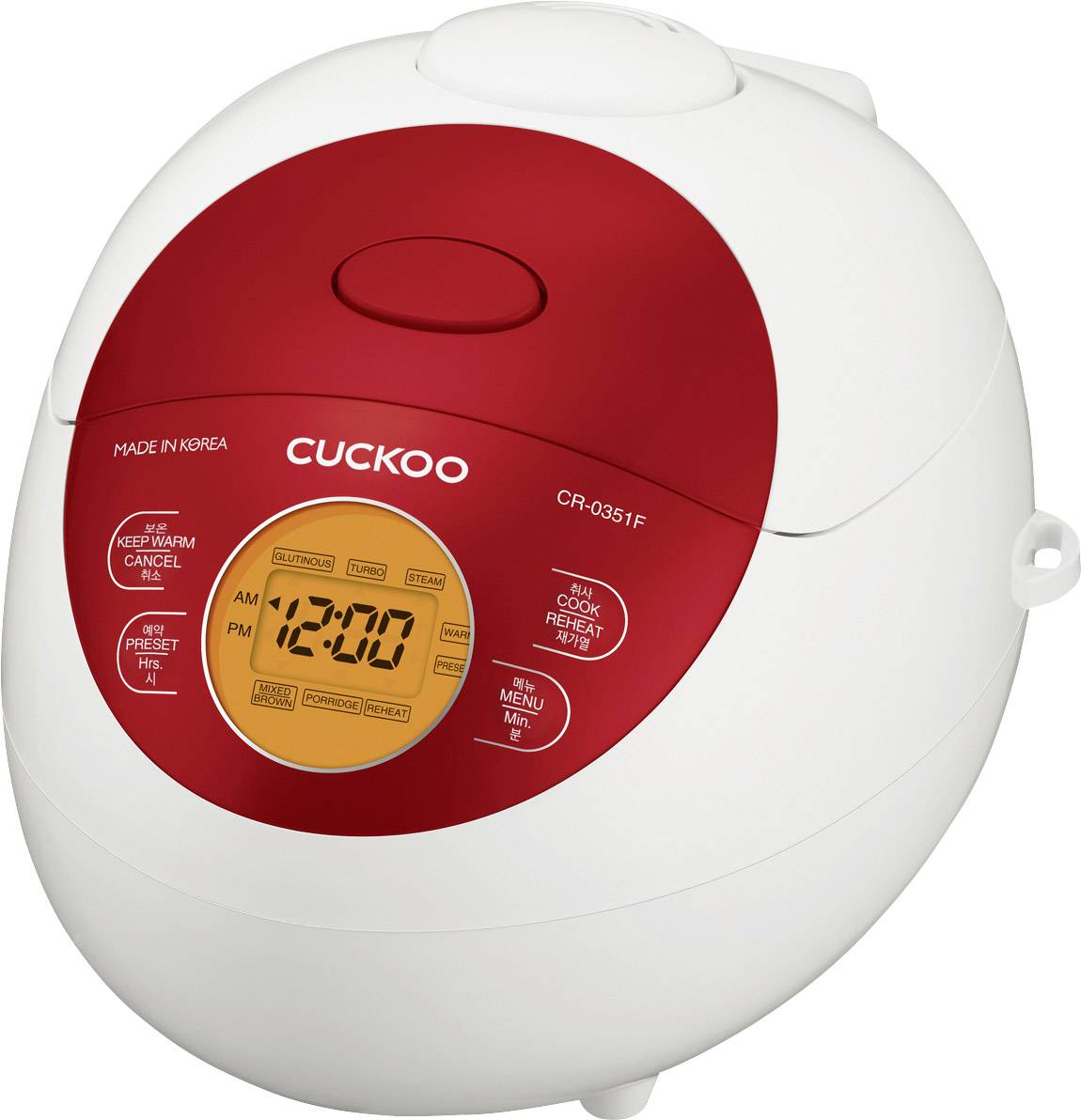 Crveni i bijeli digitalni rice cooker s displejom. Prikazuje vrijeme 12:00. Naziv marke 'CUCKOO', model 'CR-0351F'.