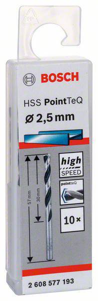 Pakiranje za Bosch HSS PointTeQ svrdlo promjera 2,5 mm, 10 komada. Napomena o visokoj brzini, dimenzije 57 mm dužine, 30 mm za rezanje.