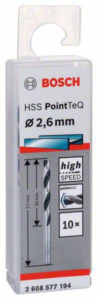 Pakiranje Bosch HSS PointTeQ svrdla, promjera 2,6 mm, u kompletu od 10 komada, pogodno za brza bušenja velikim brzinama.
