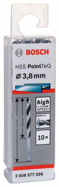 Paket Bosch HSS PointTeQ svrdla za metal Ø 3,8 mm. Natpis 'high speed'. Sadržava 10 komada. Broj artikla: 2 608 577 206.