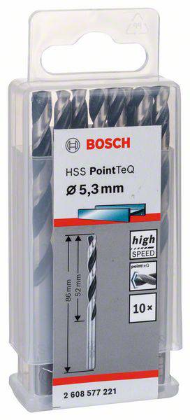 Set svrdla Bosch, model HSS PointTeQ, promjer 5,3 mm, 10 komada, za obradu metala, visoke brzine. Pakiran u plastičnu kutiju.