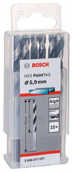 Set svrdala Bosch, model HSS PointTeQ, 5,9 mm, sadrži 10 komada. Pakiranja prikazuje svrdla i čuva ih u plastičnoj kutiji.