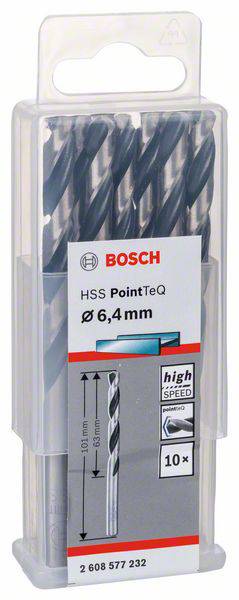Paket Bosch HSS PointTeQ metalnih svrdla, veličina 6,4 mm, pogodan za visoke brzine, sadrži 10 svrdala.