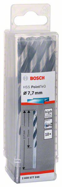 Paket Bosch HSS PointTeQ svrdala, veličina Ø 7,7 mm, 10 komada, pogodan za obradu metala. Sadrži sliku proizvoda, logo i oznaku veličine.