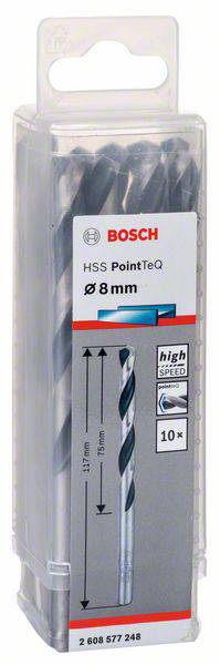 Pakovanje od 10 Bosch svrdla HSS PointTeQ, promjer 8 mm, duljina 117 mm. Natpis: 'high speed steel'. Pakovanje od prozirne plastike.