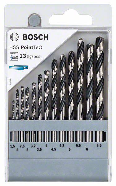 Paket s 13 Bosch HSS PointTeQ svrdla u različitim veličinama od 1,5 do 6,5 mm. Pogodan za bušenje metala.