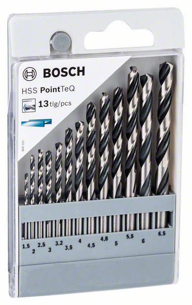 Set od 13 Bosch HSS PointTeQ svrdla u različitim veličinama od 1,5 do 6,5 mm, u prozirnoj plastičnoj ambalaži.