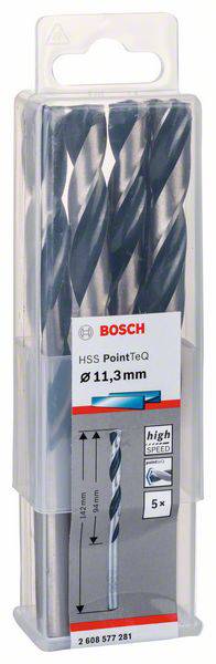 Paket s pet Bosch HSS svrdlima veličine 11,3 mm. Pogodan za bušenje metala. Naziv marke i veličina jasno su vidljivi.