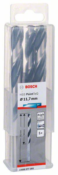 Pakiranje s pet Bosch HSS PointTeQ metalnih svrdla, promjera 11,7 mm, duljine 151 mm, pogodnih za drvo i metal.