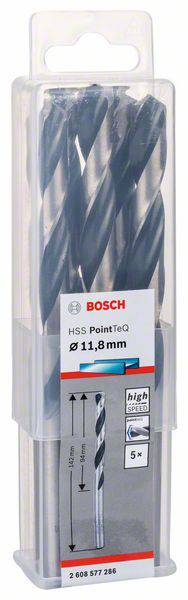 Paket Bosch metalnih svrdla, HSS PointTeQ, promjer 11,8 mm, 5 komada. Ambalaža prikazuje detalje proizvoda i logo.
