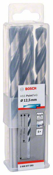 Pakiranje s pet Bosch HSS PointTeQ svrdla, promjera 12,5 mm. Pogodno za bušenje metala, visoke brzine i preciznosti.