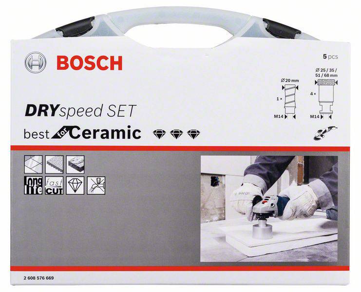 Bosch DRYspeed Set za keramiku; sadrži 5 dijamantnih svrdla. Pakiranje prikazuje svrdla i njihovu primjenu na keramičkim pločicama.