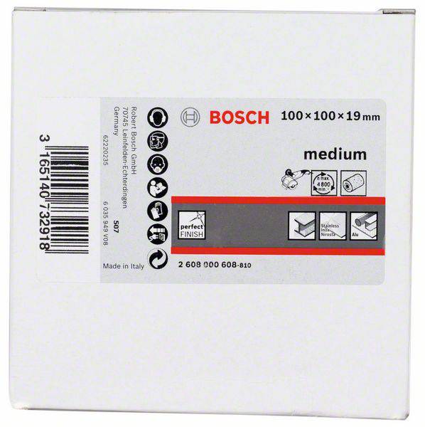 Bošov kvadratni brusilni pad, srednji, 100x100x19 mm, idealan za drvo i boju, s brzinom vrtnje od 4800 o/min. Izrađeno u Italiji.
