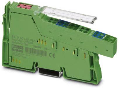 Zelena, pravokutna elektronička naprava s crvenim i plavim konektorima, vjerojatno stezaljka ili modul.