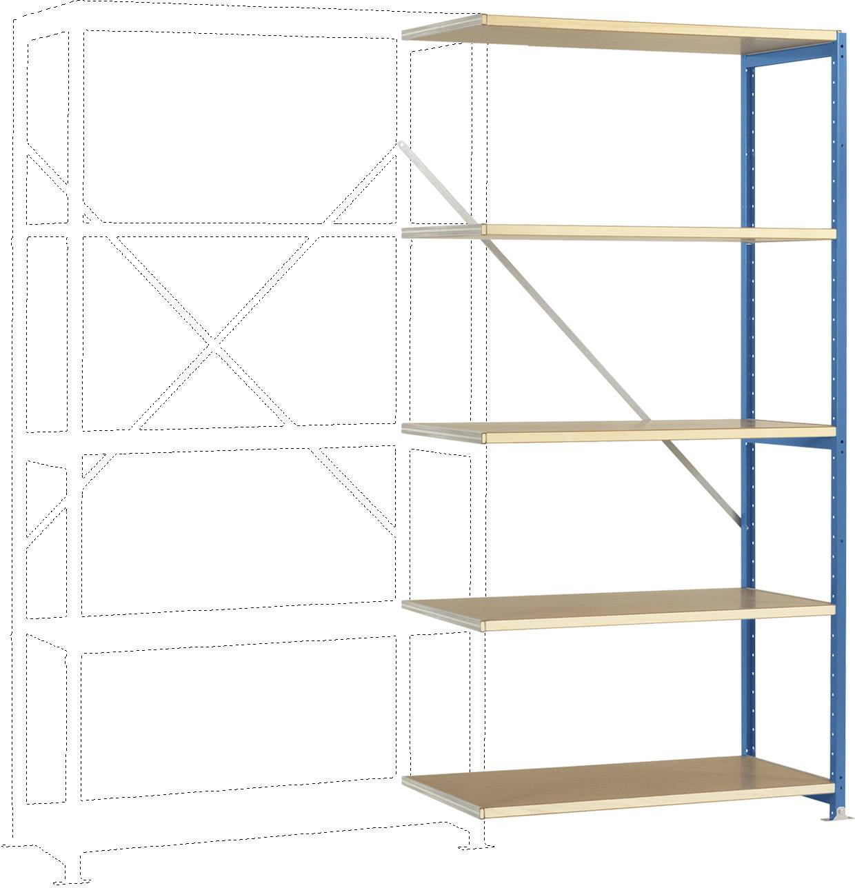 Metalni regal s pet drvenih polica, plavog okvira s desne strane. Lijevo prikazan isprekidanim linijama radi naglašavanja mogućnosti proširenja.