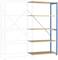 Metalni regal s pet drvenih polica, plavog okvira s desne strane. Lijevo prikazan isprekidanim linijama radi naglašavanja mogućnosti proširenja.
