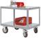 Sivo-crvena radna kolica s četiri kotača. Gore leži kutija s alatom i ključ; dolje crveni spremnik s malim dijelovima.