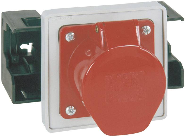 Crvena utičnica s poklopcem u kvadratnom nosaču, pogodna za industrijske primjene.