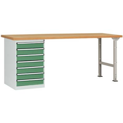 Radni stol za obradu s zelenom jedinicom ladica lijevo i drvenom površinom, oslonjen na metalnoj nozi desno.