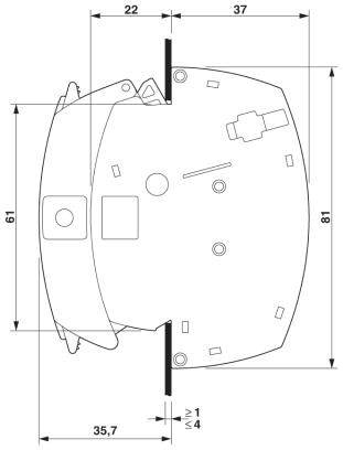 Tehnički nacrt električnog uređaja s dimenzijama: 81 x 61 mm, detalji priključaka i položaj vijaka za učvršćivanje.
