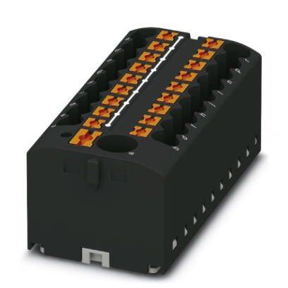 Crni električni priključni modul s više redova stezaljki. Narančaste poluge olakšavaju spajanje kabela.
