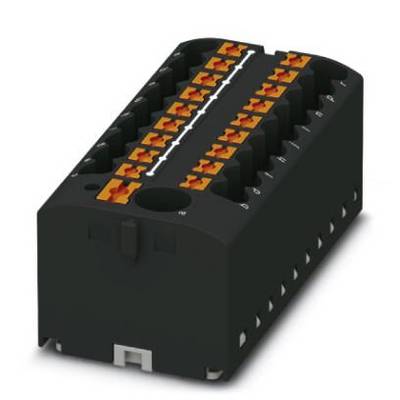 Crni električni priključni modul s više redova stezaljki. Narančaste poluge olakšavaju spajanje kabela.