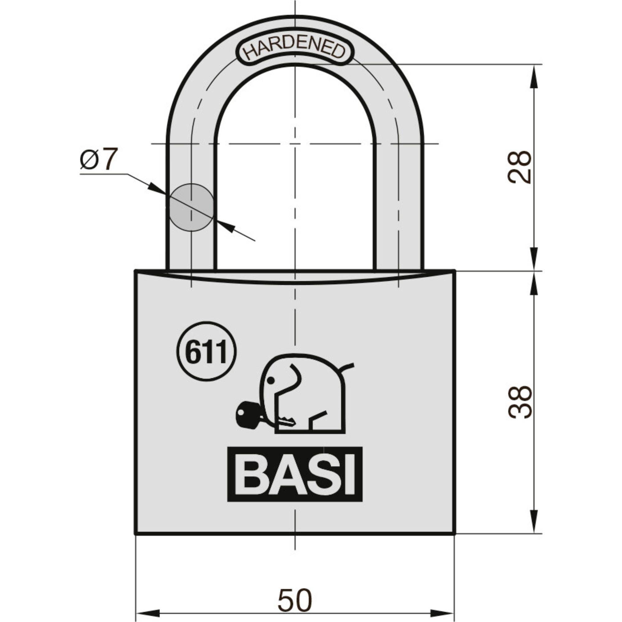Prikaz BASI viseće brave s dimenzijama: širina 50 mm, visina 38 mm, promjer svornjaka Ø7 mm, visina svornjaka 28 mm.