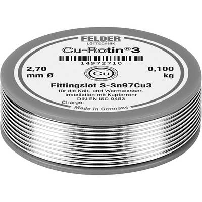 Rolna žice za lemljenje s natpisom 'FELDER Cu-Rotin 3', promjera 2,70 mm, težine 0,100 kg, pogodna za bakrene instalacije cijevi.