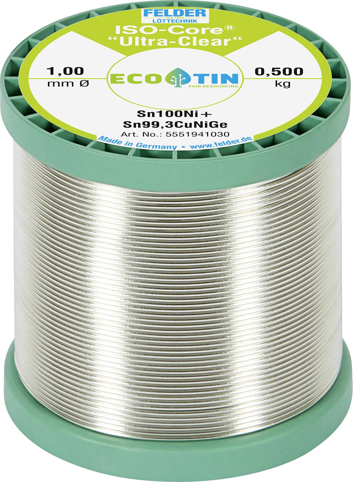 Kalem žice za lemljenje označen kao 'ISO-Core Ultra-Clear' i 'ecoTin', promjer 1,00 mm, 500 kg, proizvođač Felder Lottechnik.