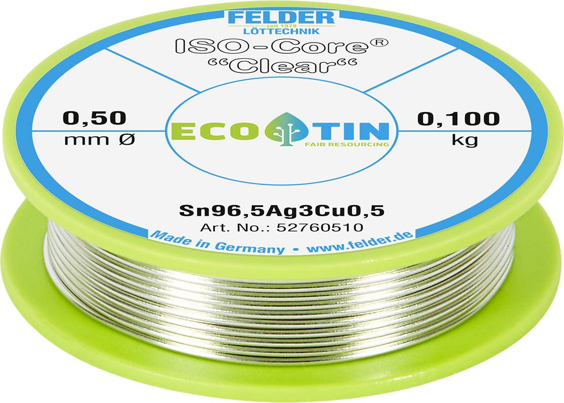 Zavojnica FELDER Löttechnik ECO lemljene žice označene 'ISO-Core Clear', promjer 0,50 mm, 0,100 kg, Sn96,5 Ag3 Cu0,5, br. art. 52760510.