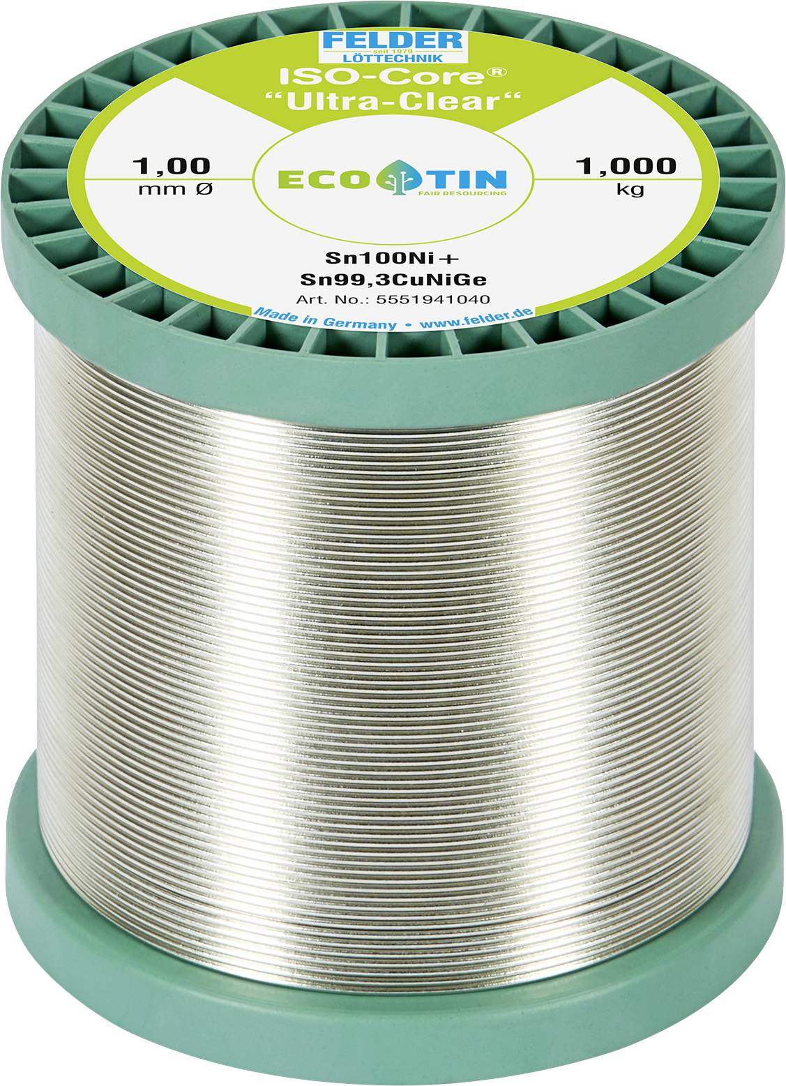 Kolut lemnog žica označen sa 'FELDER' i 'ISO-Core Ultra-Clear', koji pokazuje promjer od 1,00 mm i pakiranje od 1,000 kg.