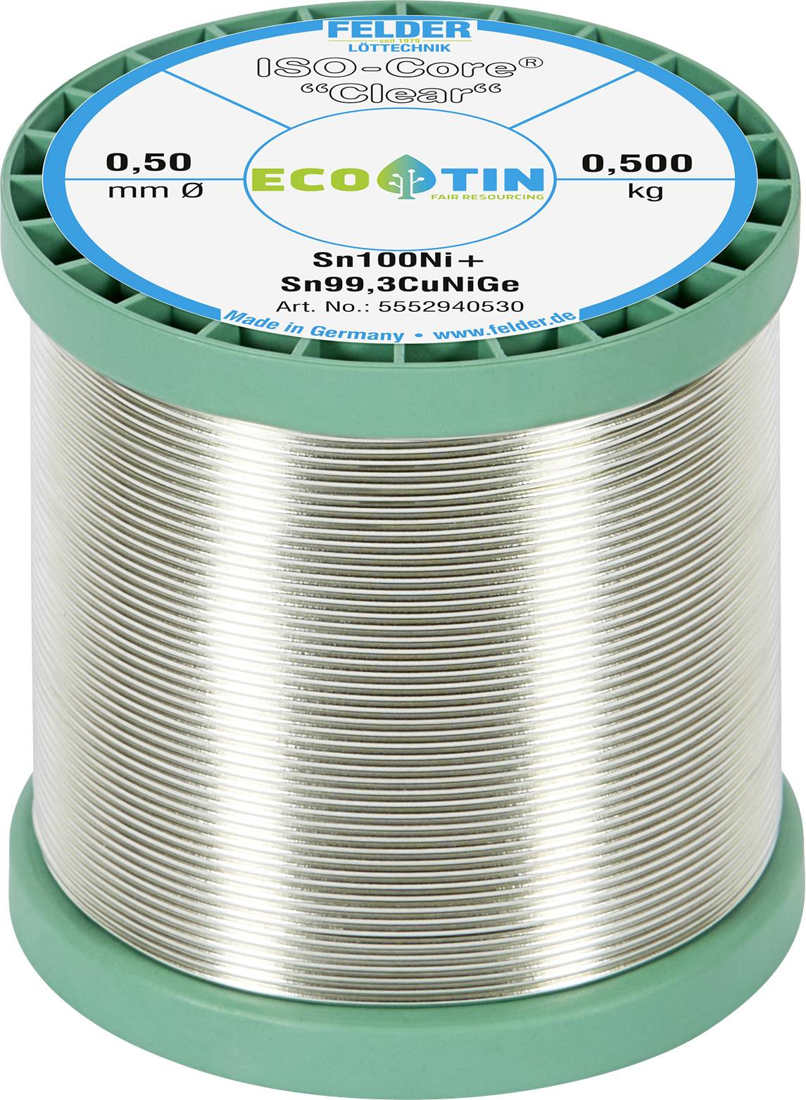 Kolut žice za lemljenje označen FELDER ISO-Core Sn99,3CuNiGe, promjer 0,50 mm, 0,500 kg, sa zelenom plastičnom tuljcom.