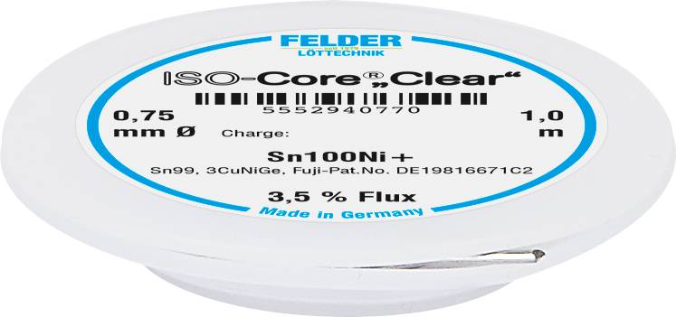 Rolica lemnog kalaja s natpisom 'ISO-Core Clear', promjera 0,75 mm, dužine 1,0 m, Sn100Ni+, sa 3,5% fluksa, izrađena u Njemačkoj.