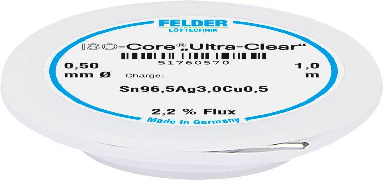 Žica za lemljenje marke Felder pod oznakom 'ISO-Core Ultra-Clear', promjera 0,50 mm, dužine 1,0 m, sa 2,2 % flux sredstva.