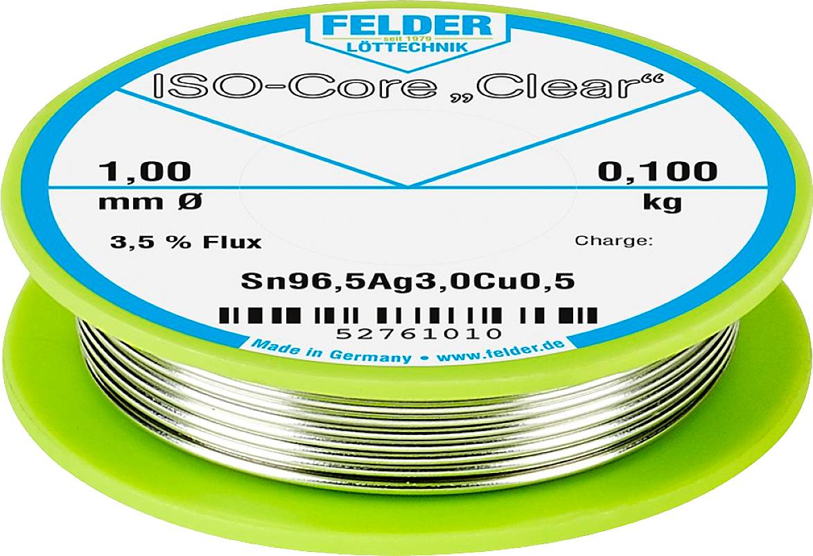 'Žica za lemljenje FELDER, ISO-Core "Clear", promjer 1,00 mm, 0,100 kg, 3,5 % flux, Sn96,5Ag3,0Cu0,5, izrađeno u Njemačkoj.'