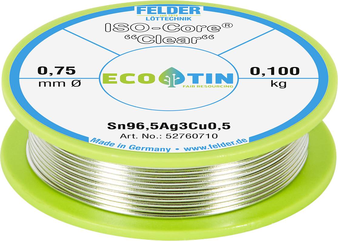 Kolut FELDER LOTTECHNIK ISO-Core Clear lemljene žice, označen promjerom 0,75 mm i težinom 0,100 kg, s brendom ECO-STIN.