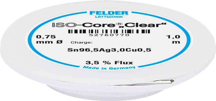 Žica za lemljenje 'ISO-Core Clear' od Feldera. Promjer: 0,75 mm, duljina: 1 m. Legura: Sn96,5Ag3,0Cu0,5, flux: 3,5 %, Made in Germany.