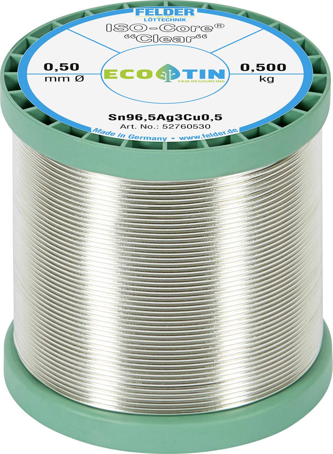 Kolut srebrnog lemnog žica označen 'FELDER ECO TIN' s promjerom 0,50 mm i težinom 0,500 kg na zelenoj plastičnoj pločici.