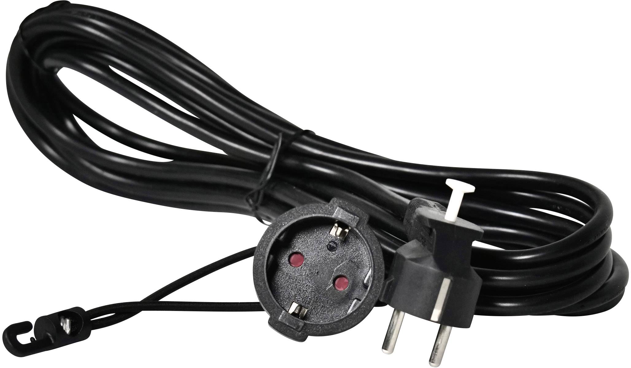 Crni električni kabel sa šuko utikačem i držačem kabela; može se koristiti za napajanje električnih uređaja.
