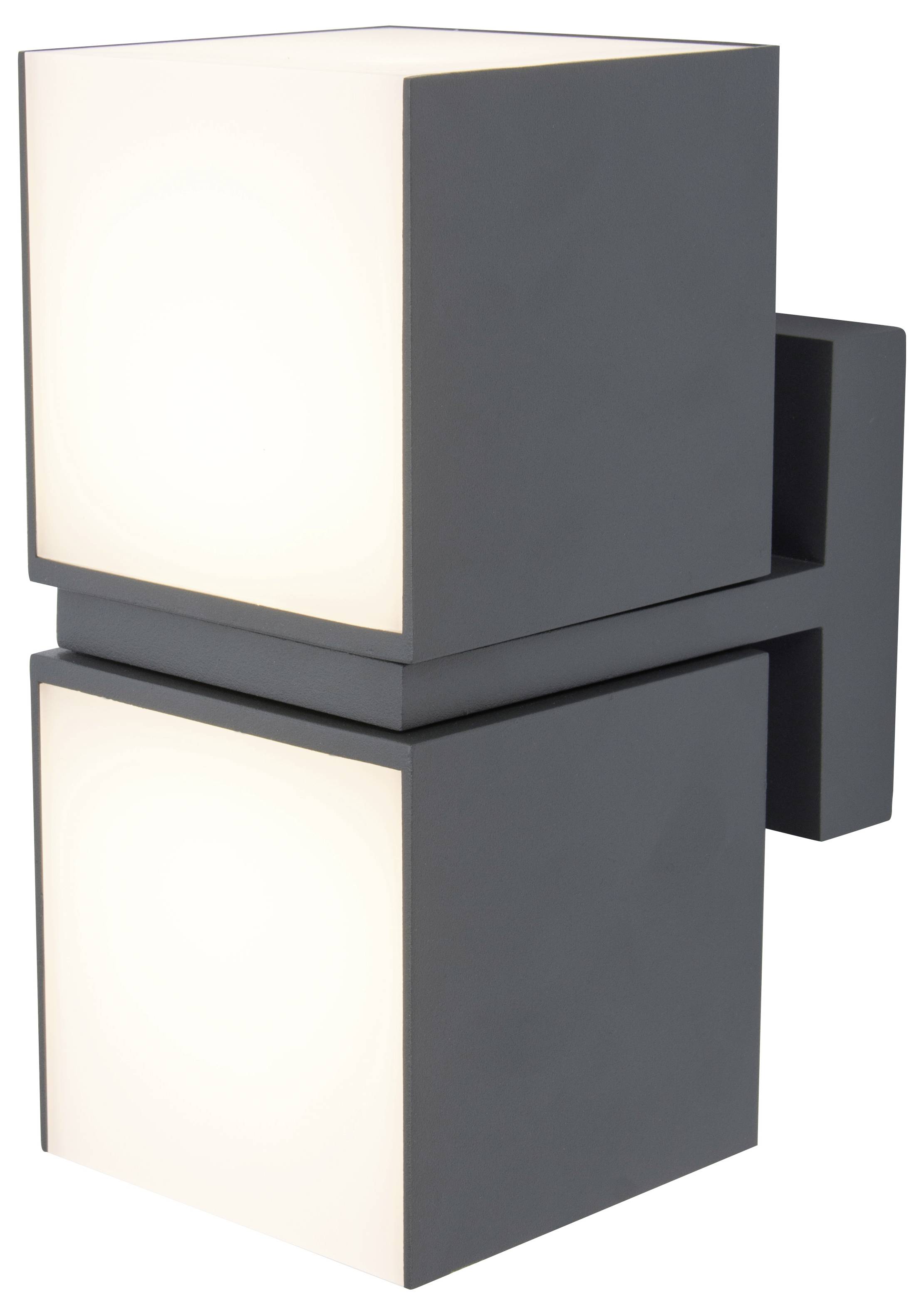 Moderna, kubična zidna lampa od metala s dva svjetleća, bijela svjetlosna polja koja emitiraju svjetlost prema gore i dolje.