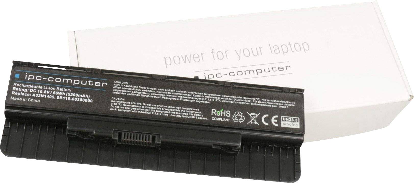 Prijenosno računalo 'ipc-computer' i baterija ispred ambalaže. Tekst na bateriji: Li-Ion, 5200mAh. Proizvedeno u Kini.