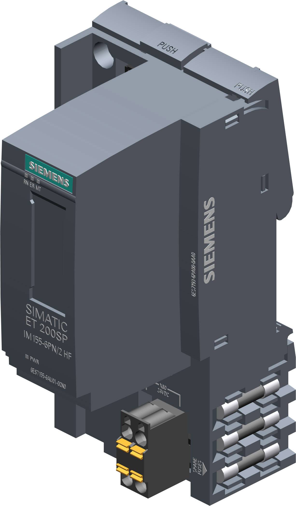 Siemensov uređaj za industrijsku automatizaciju, model SIMATIC ET 200SP. Tamni, kompaktni dizajn s izraženim elementima spajanja.