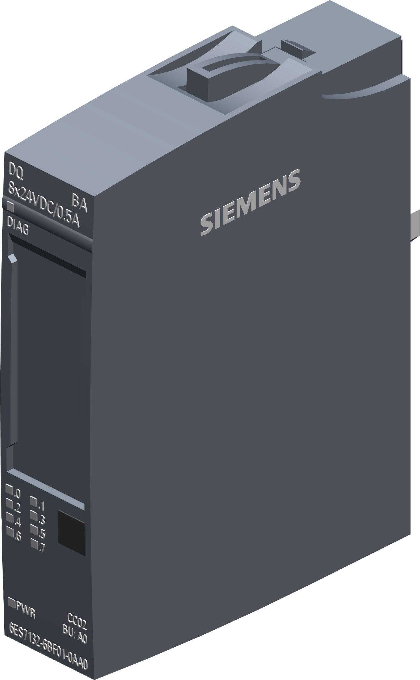 Logotip tvrtke 'Siemens' na tamnosivom elektroničkom modulu s indikatorskim svjetlima i detaljima priključaka.