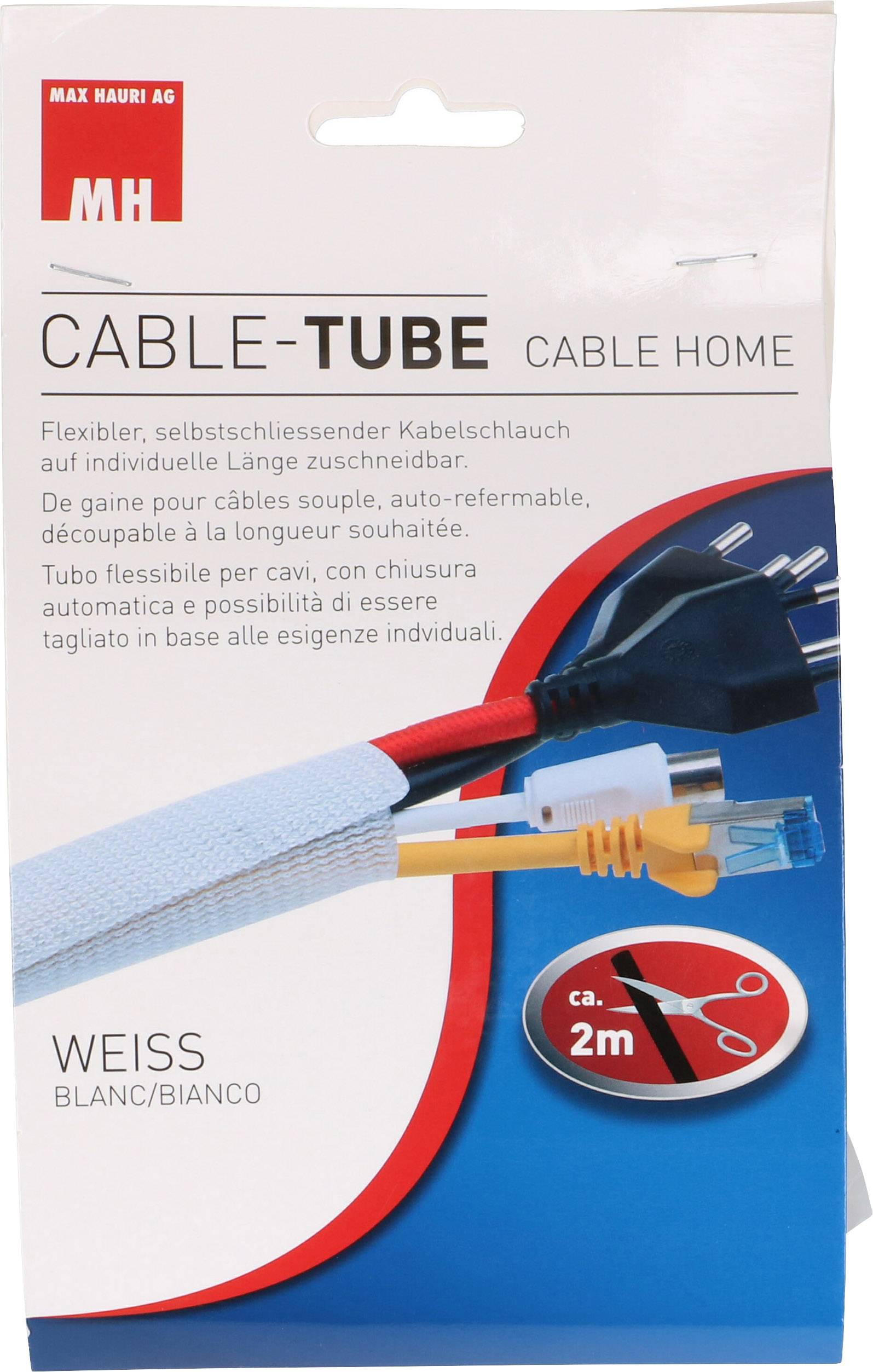 'Cable-Tube' ambalaža prikazuje fleksibilnu i samozatvarajuću cijev za kablove prilagodljivu individualnoj duljini. Duljina približno 2 metra, boja: bijela.