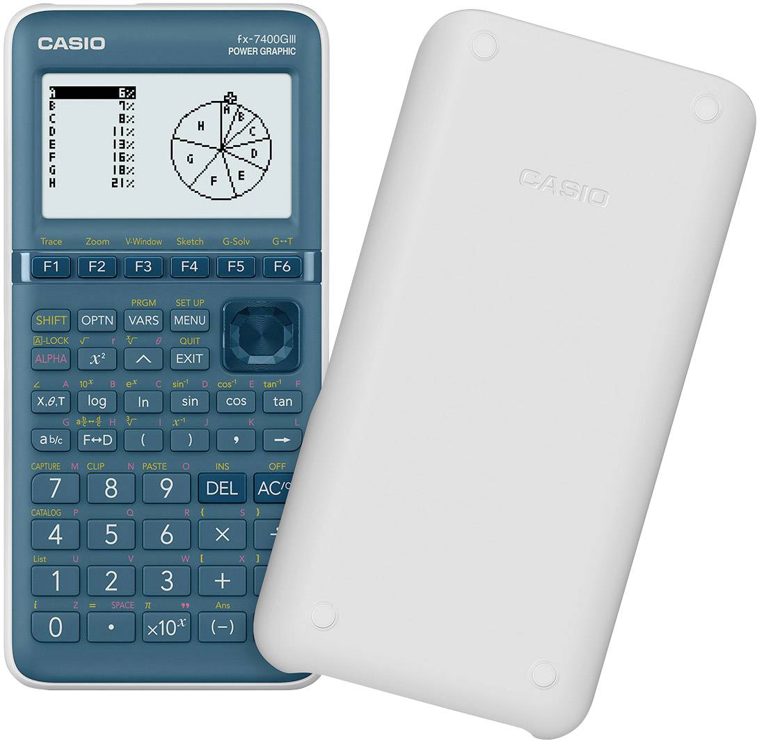 Kalkulator Casio fx-7400GII s grafičkim prikazom na zaslonu, pored njega zaštitna futrola.