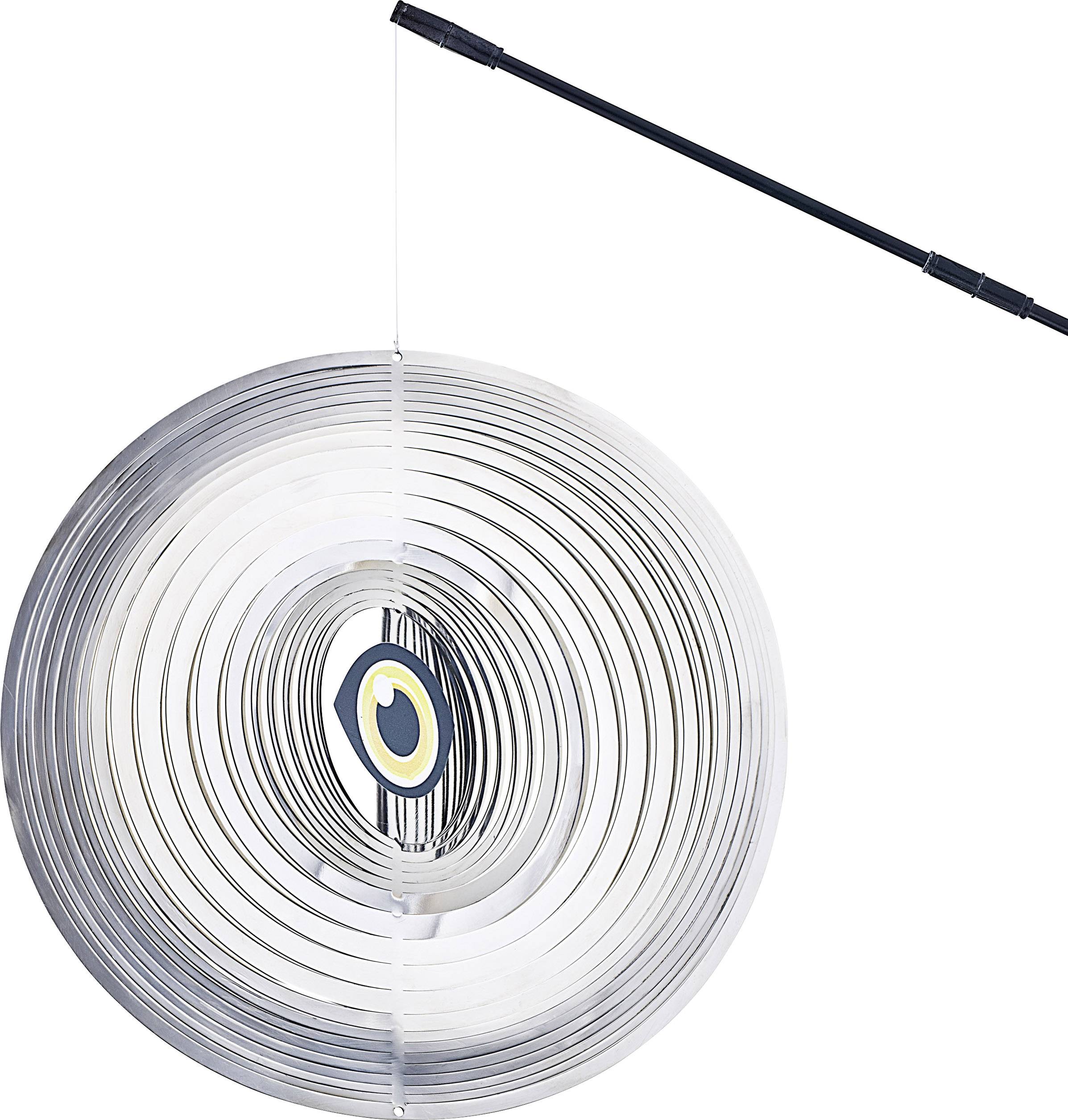 Metalni vrtni dekorativni spinner u spiralnom obliku, koji se može okretati na vjetru. Srebrne površine s plavim i žutim naglascima.