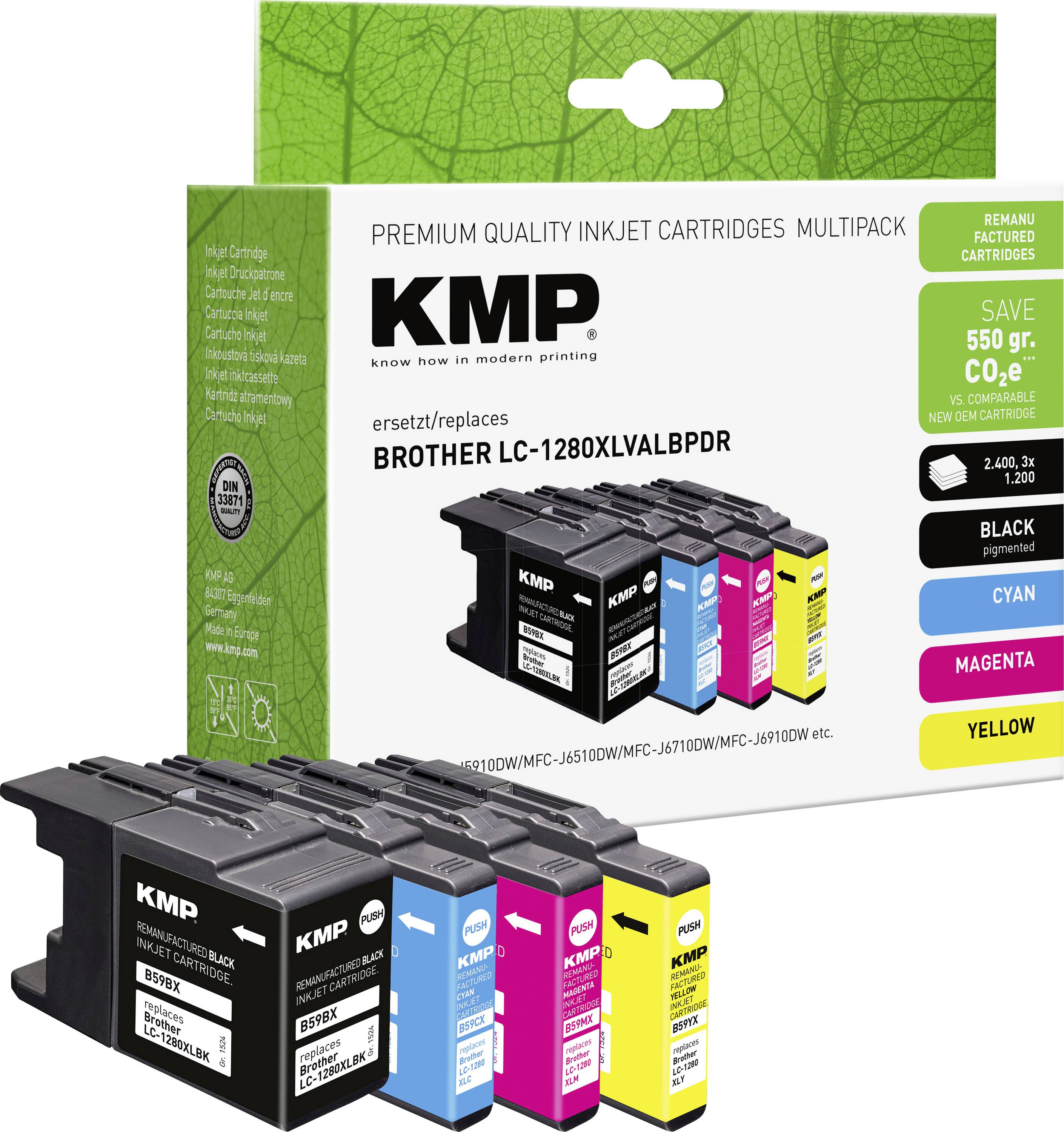 KMP višepaketni tintni patronici za Brother LC-1280XL, prikazani u crnoj, cijanskoj, magentu i žutoj ambalaži s kutijom proizvoda i patronicama.