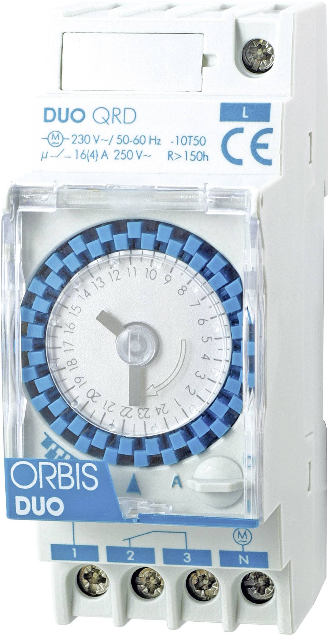 Sat s okretnim brojčanikom, dizajna u plavoj i bijeloj boji s priključnim vijcima. Označen natpisom 'ORBIS DUO'. Pogodan za 230 V.